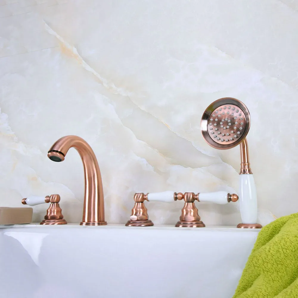 

Antique Red Copper Five Hole Deck Mounted Bathroom Tub Faucet Set with 1.5M Handheld Spray Shower Mixer Tap 2tf232