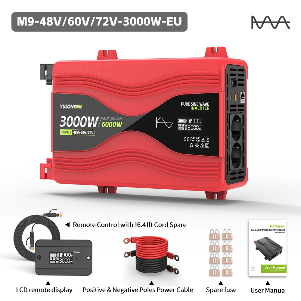 Pure Sine Wave Inverter Peak 6000W Multi‑Input 48V/60V/72V DC To AC 230V EU Outlet LCD Remote Panel For RV Home Solar Backup Pow