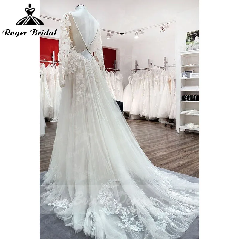 ĐẦM Boho Áo Cưới Một Đường Dài Tay Cổ Chữ V Hở Lưng Appliqued Quét Áo Dài Cô Dâu Vestidos De Novia roycebridal