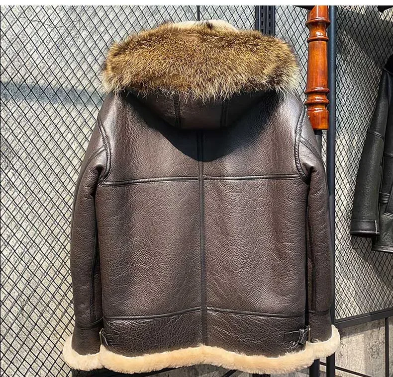 New 2024 Winter Fashion Man Genuine Leather Coat Wool Liner Pilot Motor Jacket Natural Shearing Overcoat with Raccoon Fur Hooded