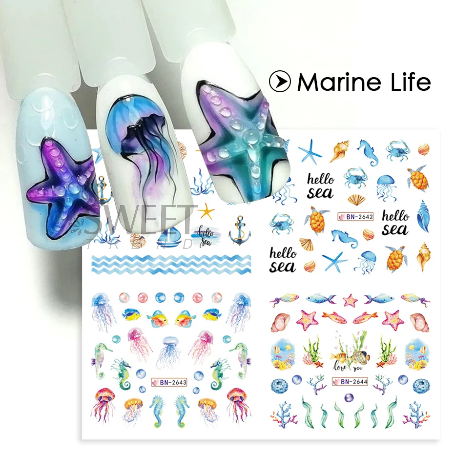 ฤดูร้อนที่มีสีสัน Conch ปลาดาวเล็บสติกเกอร์น้ํา Blue Ocean Theme Marine Life Design DIY แมงกะพรุนเล็บ Watermark Sliders