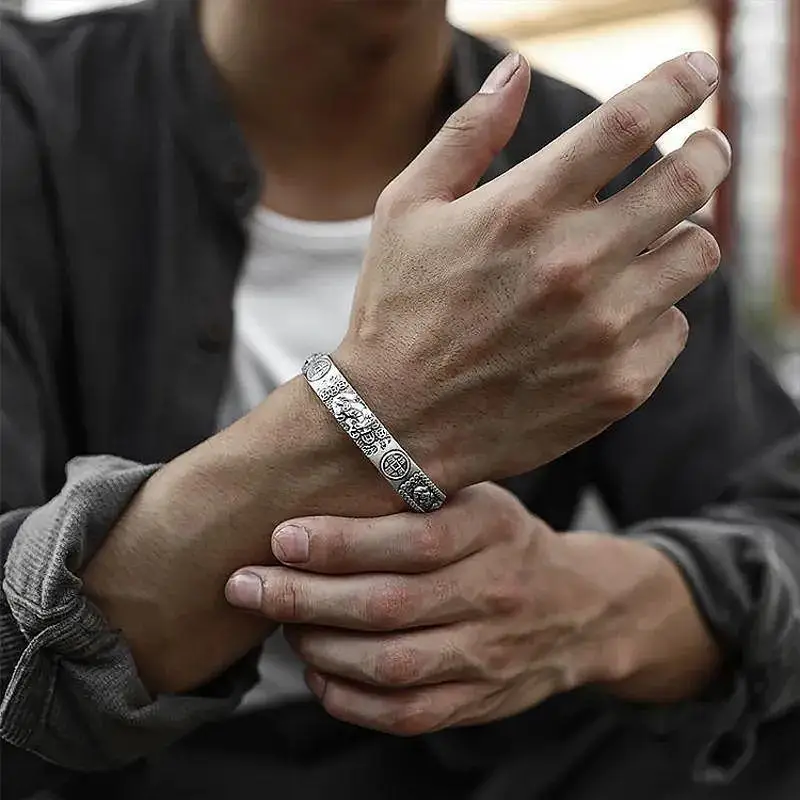 Thai Silver Tune-bringing Pixiu Copper Coin Men Bracelet Domineering Men Personality Heart Sutra Hand Ring Birthday Gift Jewelry