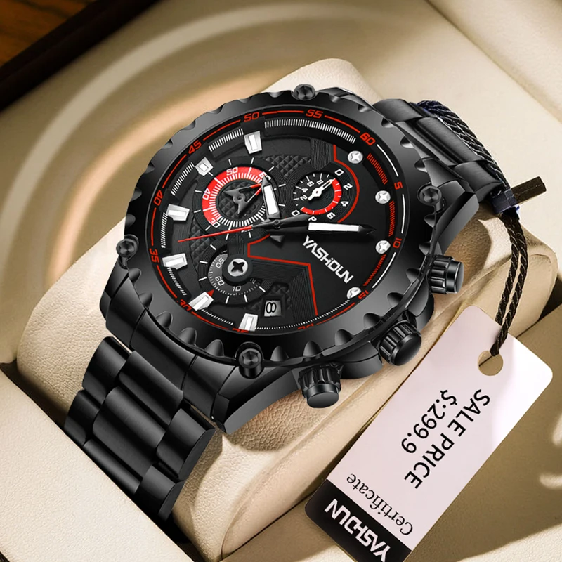 

YASHIDUN новые спортивные часы для мужчин, деловые кварцевые часы, полностью стальной ремешок, водонепроницаемые светящиеся часы, мужские наручные часы с хронографом