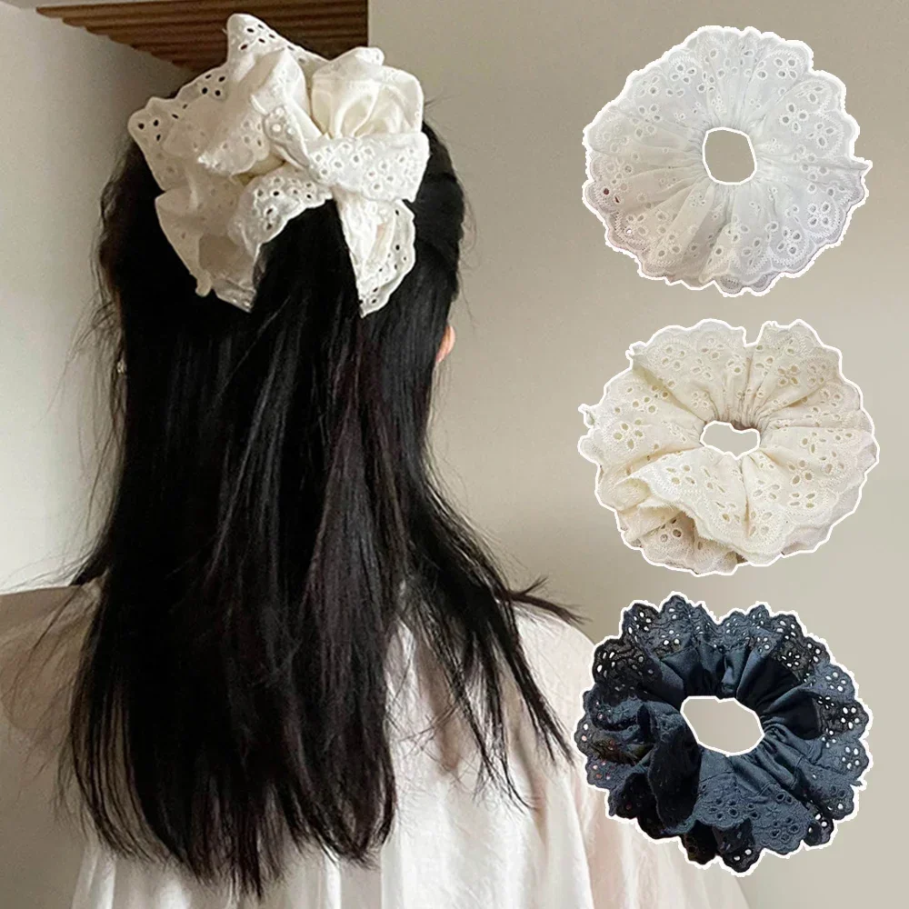 ดอกไม้ใหญ่ Lolita ลูกไม้ Scrunchies สี่ชั้นขนาดใหญ่ลูกไม้ภาษาฝรั่งเศสคําเชือกผมผูกอุปกรณ์เสริมผมผู้ถือหางม้าผมแหวน INS