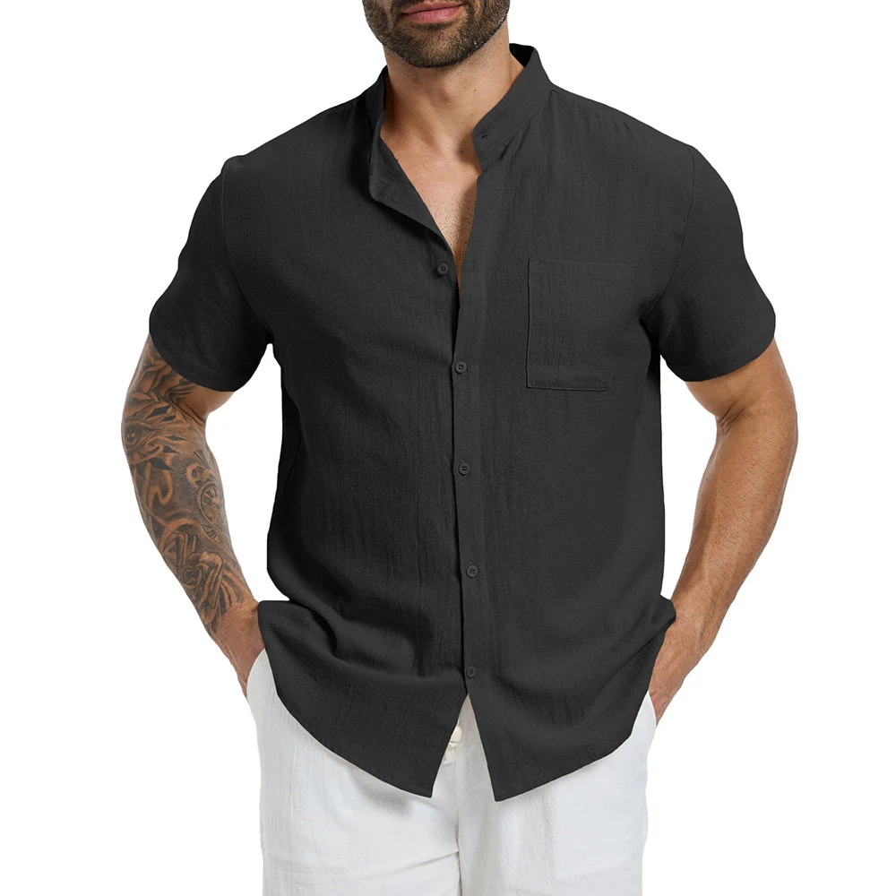 

Summer New Men's Short Sleeve Shirt Cotton Linen Solid Color Breathable Lightweight Button Tops Casual Henley Neck Shirts