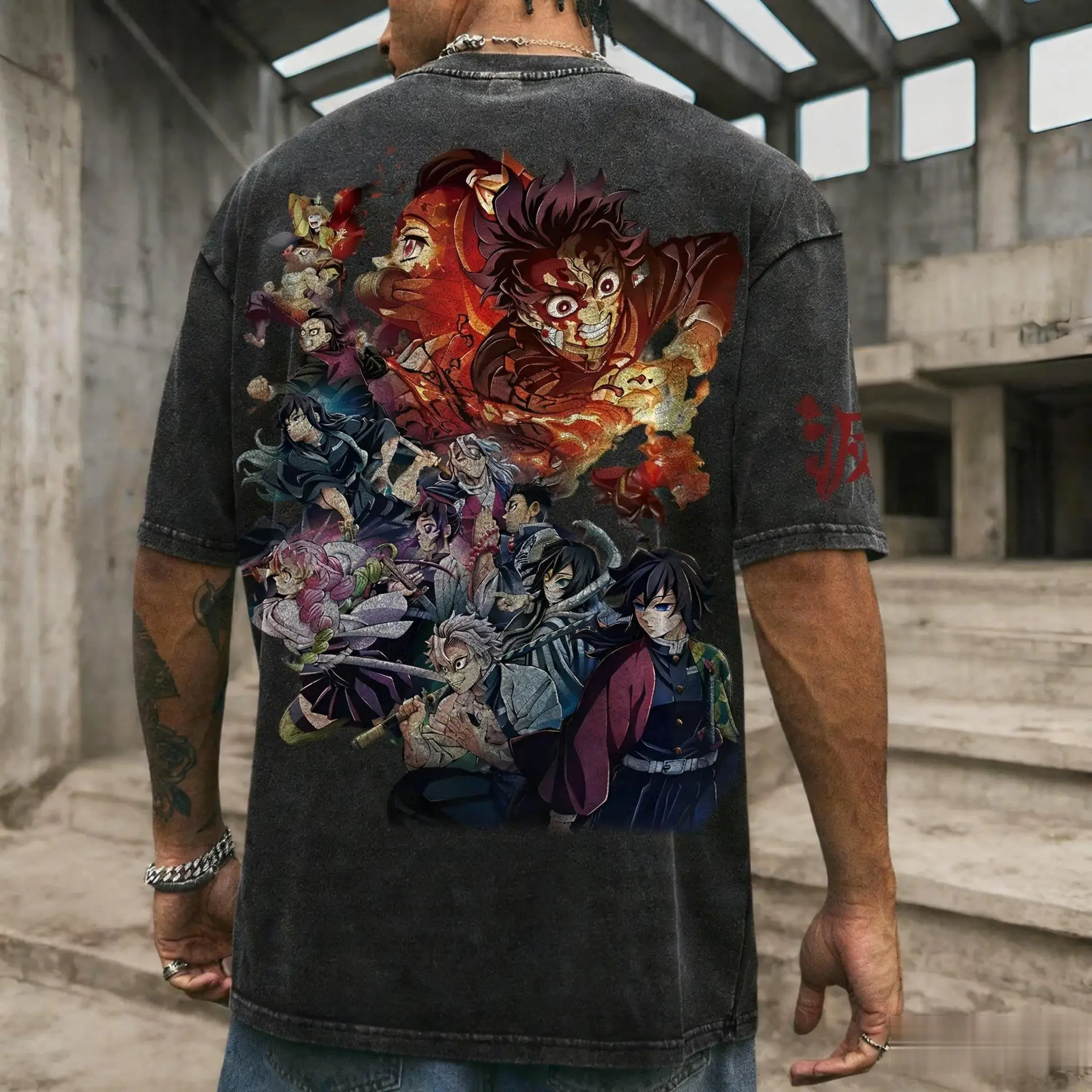 Anime vintage lavado t camisa masculina demon slayer impressão feminina algodão manga curta camiseta streetwear casual topos 2025 verão ​ Harajuku