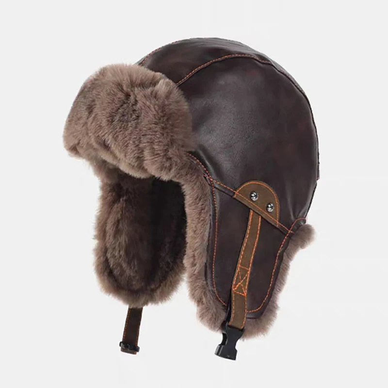 

2025 Winter Bomber Hat Warm Plush PU Ushanka Hats Windproof Hood Pilot Hat Earflap Trapper Cap Adult Balaclava Caps