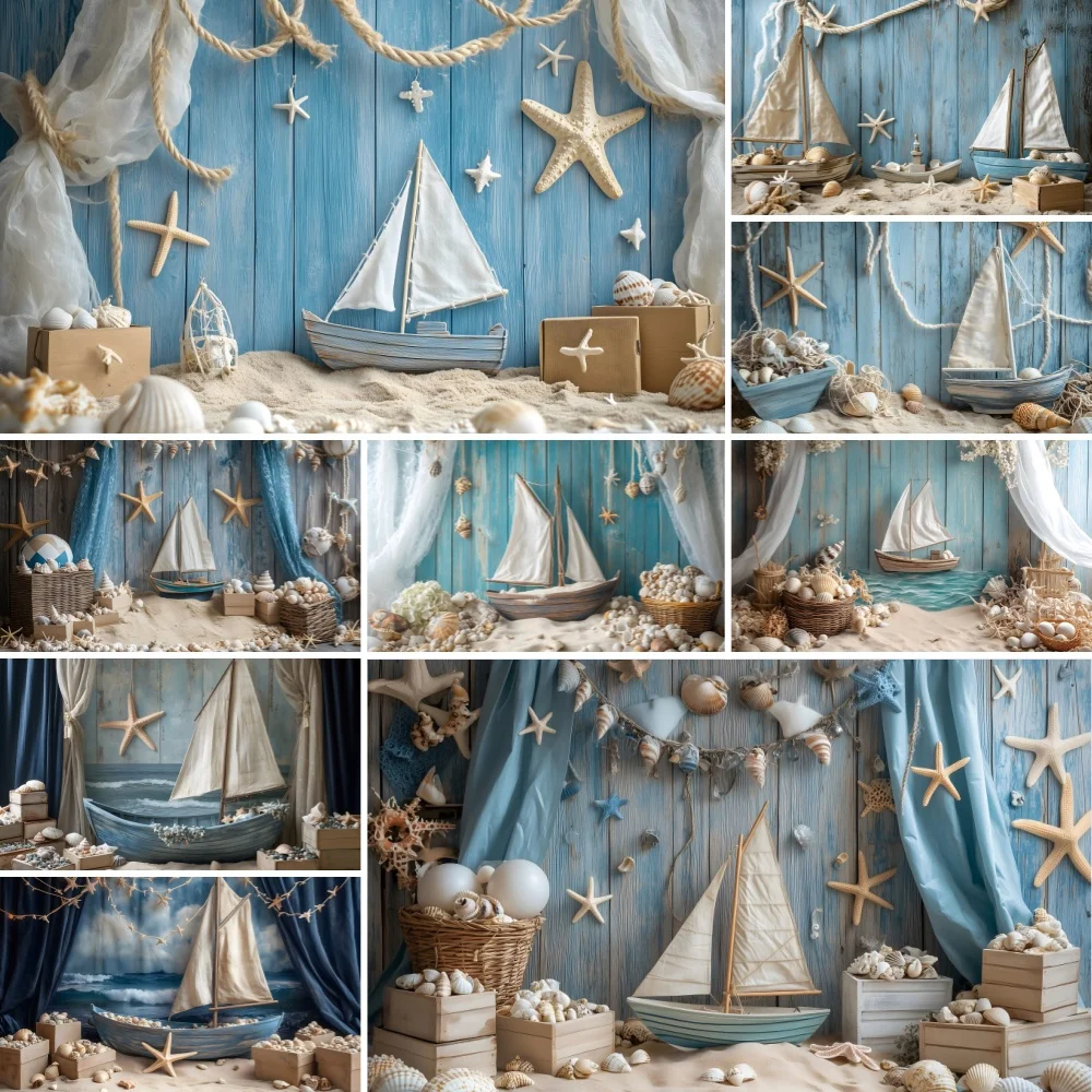 Ocean Ship Cabin Backdrop Wood Board Starfish Boy Birthday Party Decor Baby Shower Portrait Photography Studio Banner Props