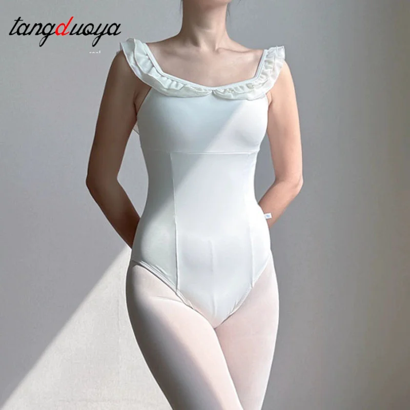 Ruffle Square Collar Ballet Dance Leotard For Women Practice Yoga Costume Adult Gymnastics Bodysuit Ballerina Girls Stage Suit