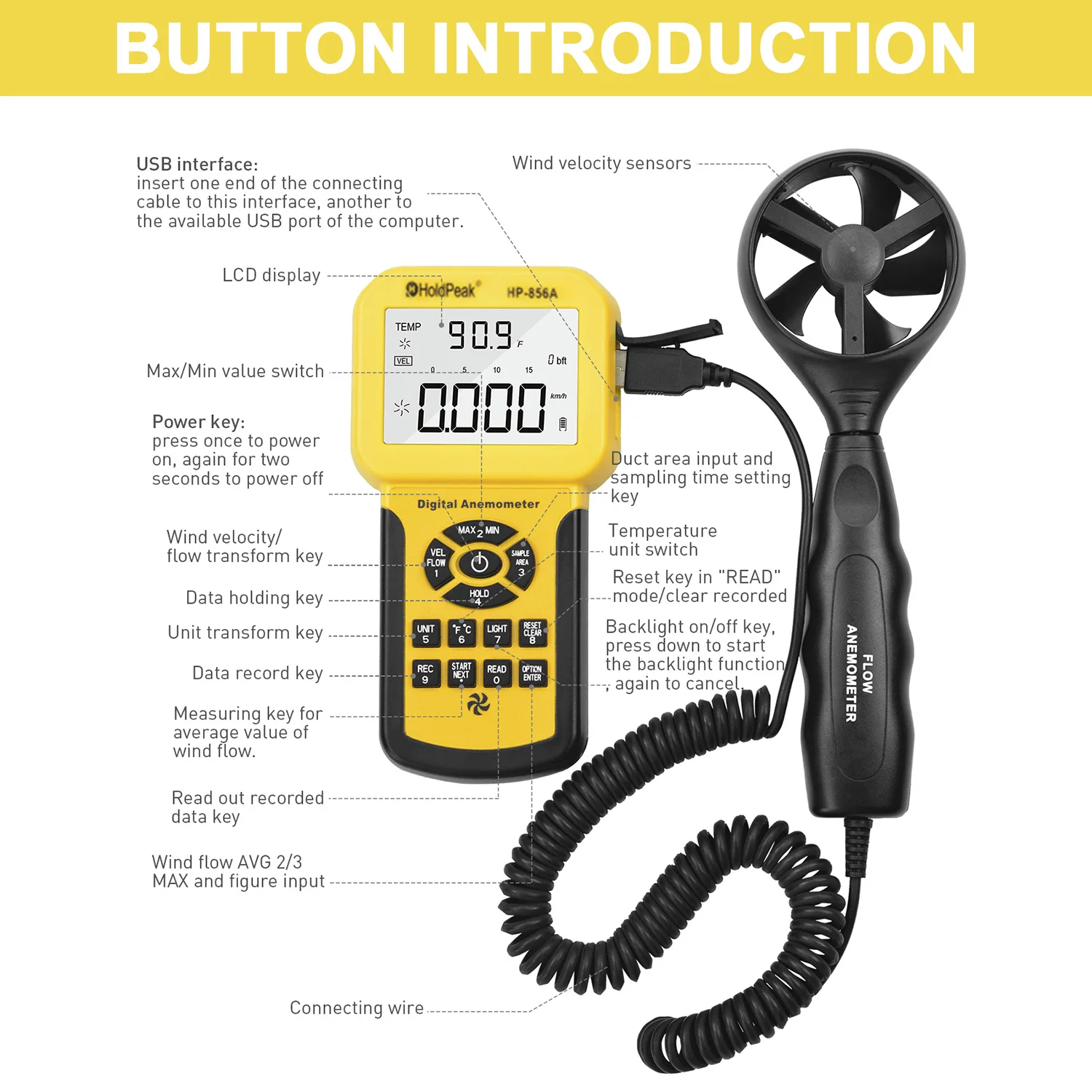 856A Industrial Handheld Anemometer - CFM/CMM Air Flow Meter for HVAC with Data Logging Function Connect to PC With USB