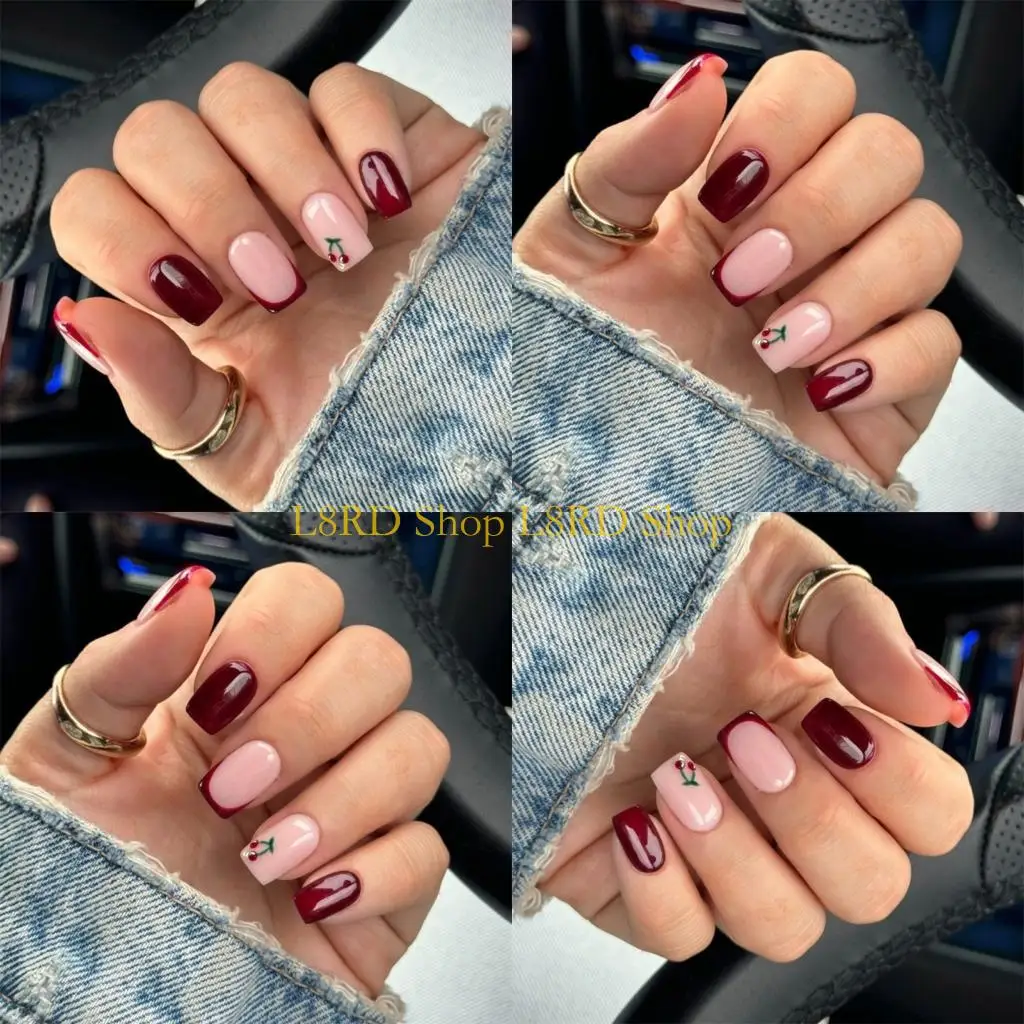 L8RD Wine Red Cherrys Art Press On For Women ABS Material No Tools Needed