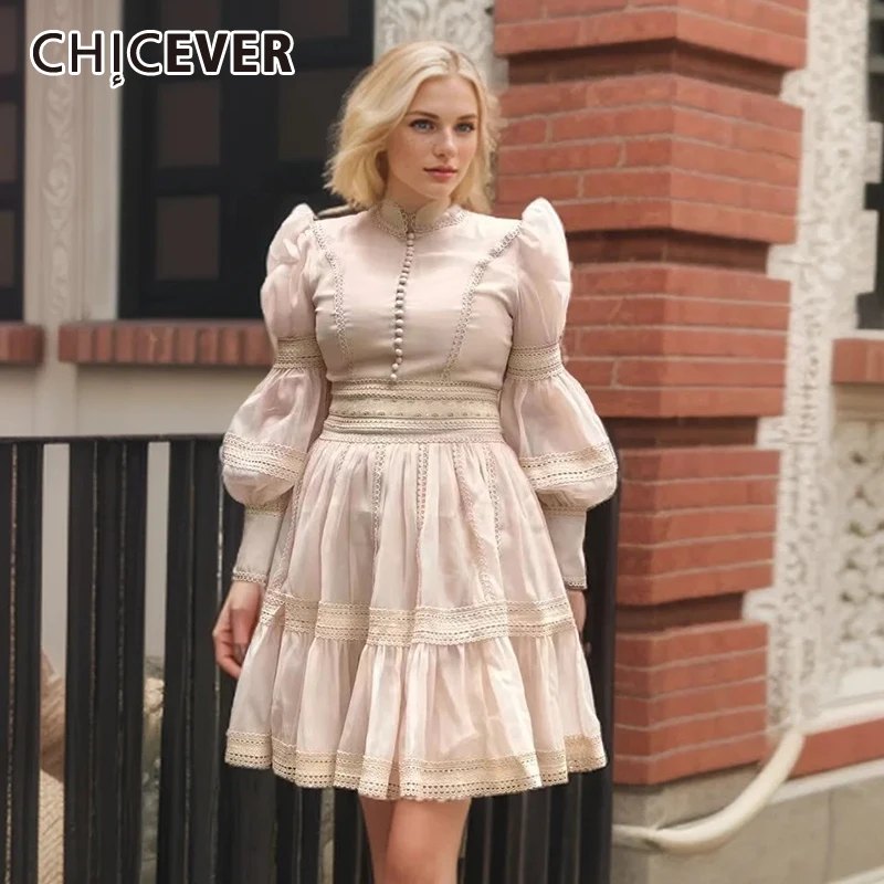 

CHICEVER Solid Designer Spliced Button Dress For Women Stand Collar Lantern Sleeve Tunic Casual Mini Dresses Female New Clothing