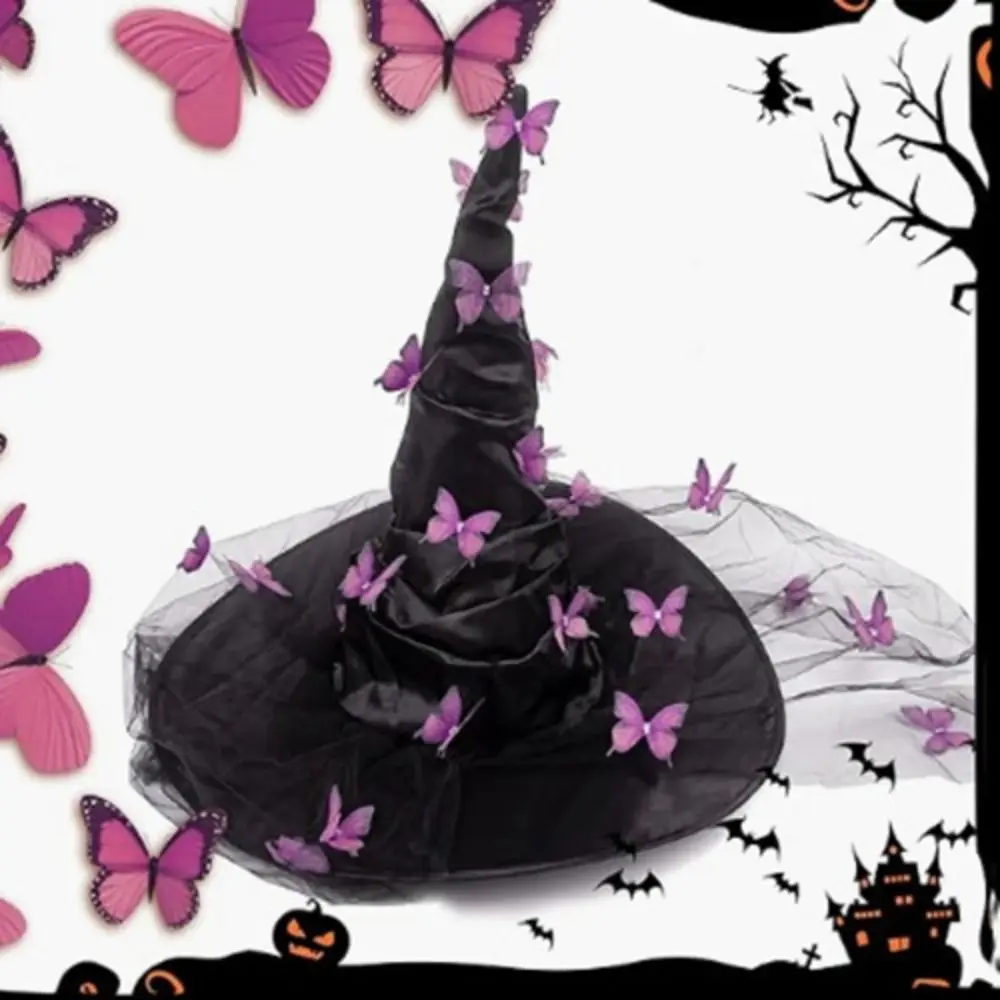 

Funny Halloween Witch Hat Party Props Colorful Butterfly Wizard Cap Cosplay Accessories Halloween Cap with Veil
