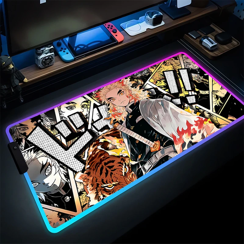 RGB Mouse Pad PC Demon Slayer Rengoku Kyoujurou Tappetino da scrivania Gamer LED Ufficio Laptop Anime Tastiera Pad Accessori da gioco Mousepad