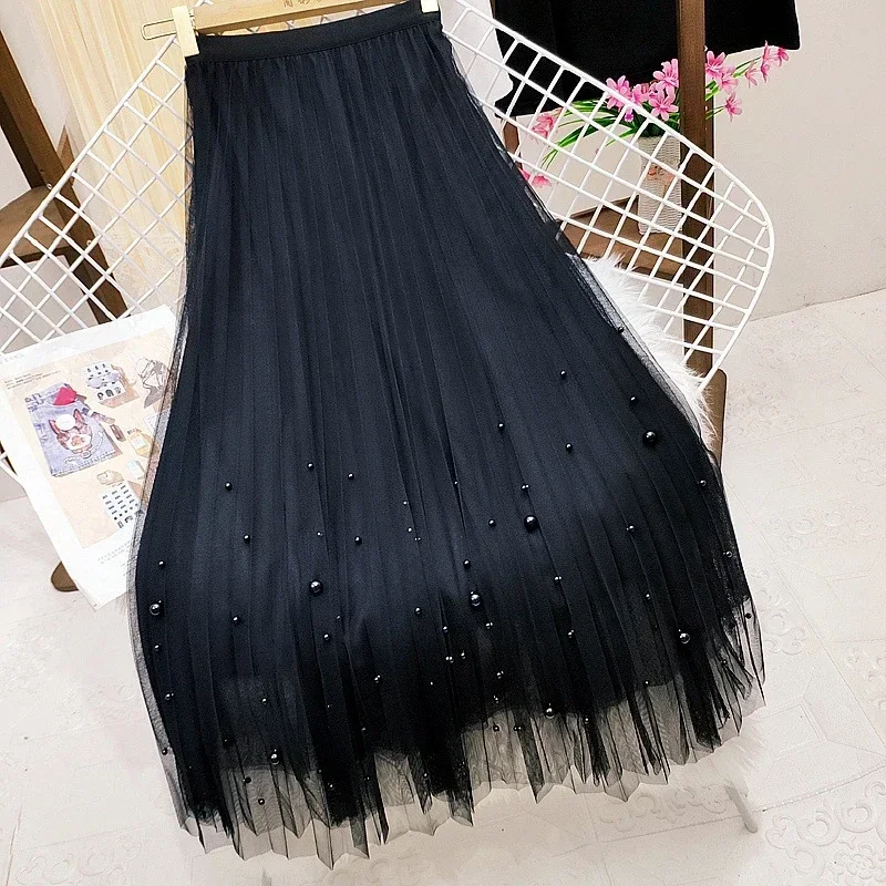 Women's Luxury Elegant Pearl Tulle Skirt Fashion High Waist A-Line Pleated Skirt Mid Length Korean Casual Style High-quality