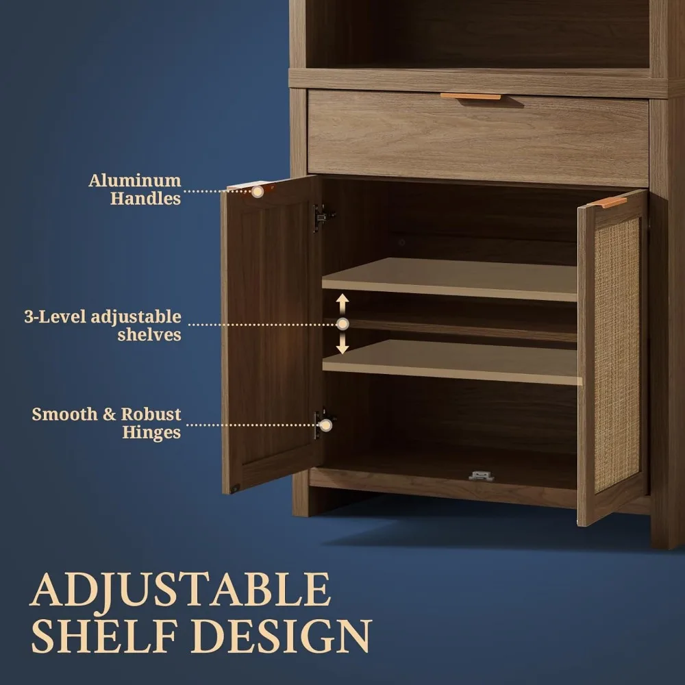 大きな籐製5段木製本棚（扉と引き出し付き、収納用）