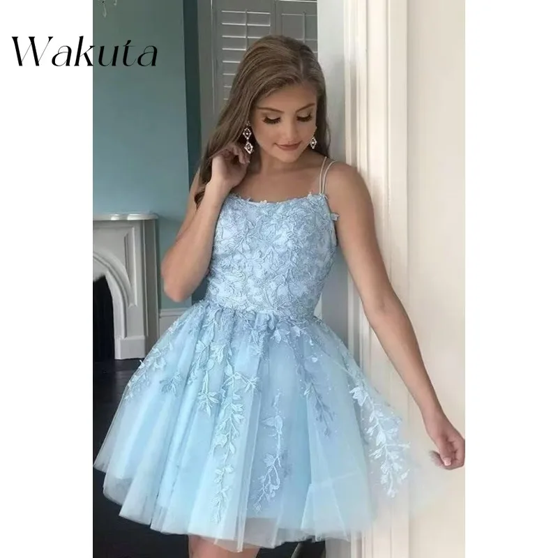 Wakuta elegante encaje apliques bata De regreso a casa para adolescentes sin mangas Vestidos De Noche modernos A-Line Glitter Vestidos De Graduación