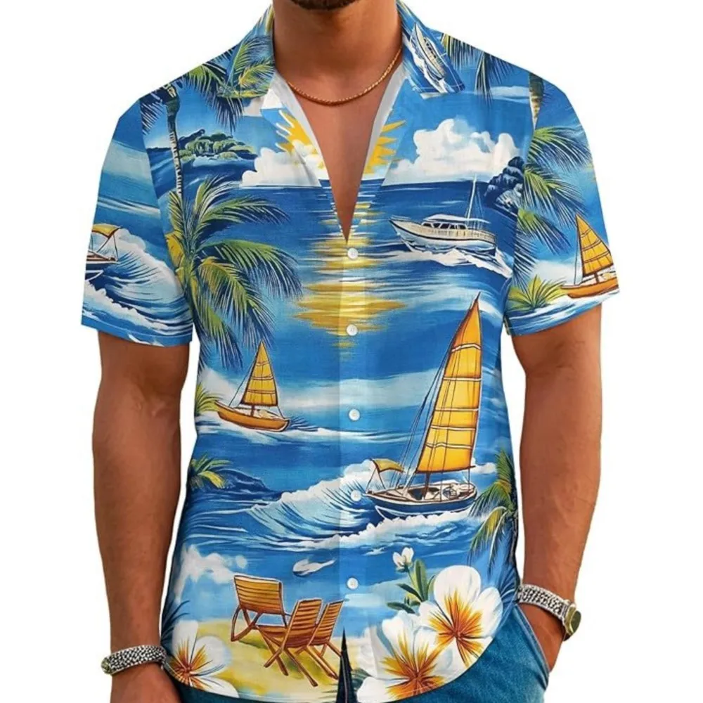 2026 summer Contrast men's shirts Loose fashion shirt for man menswear clothing vacation Beach Printed short sleeves personality
