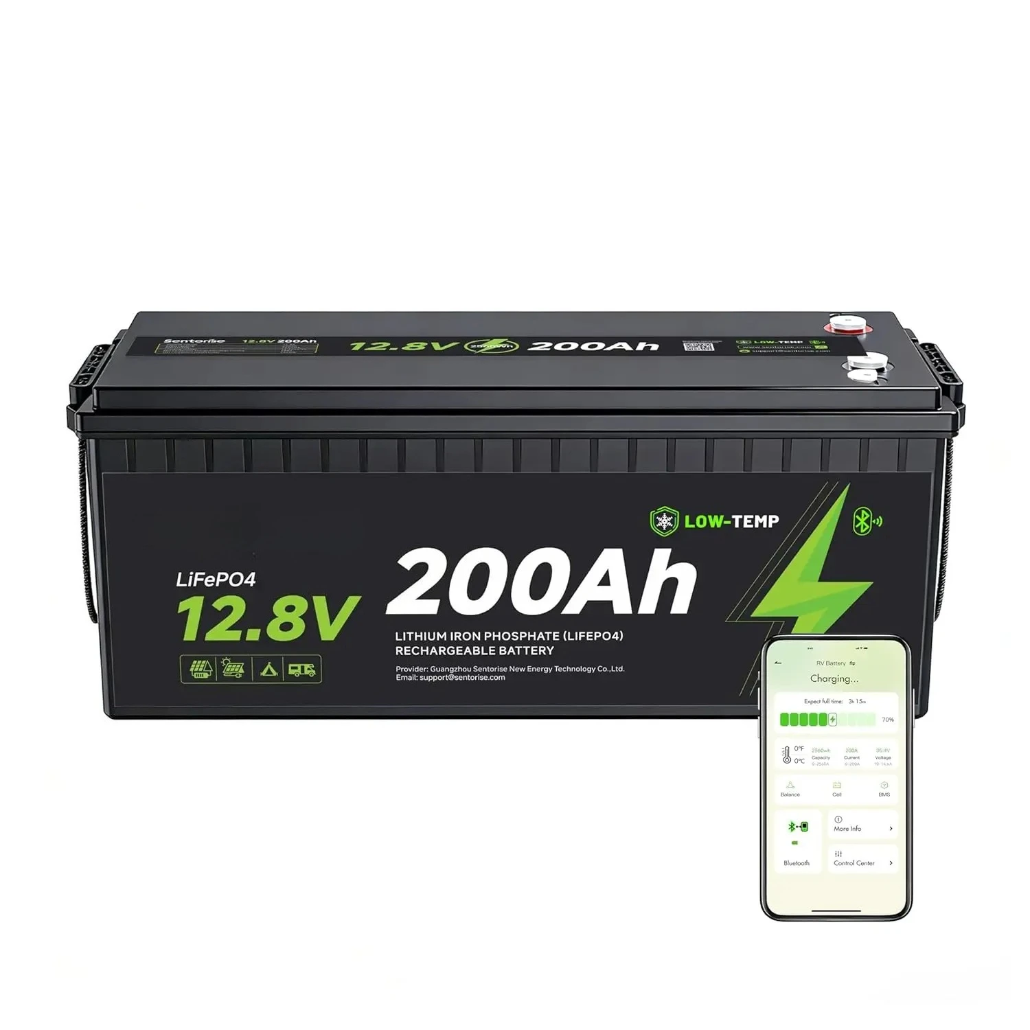 12V 200Ah LiFePO4 Battery, 2560Wh Deep Cycle Lithium Battery with Smart BMS, 4000+ Cycles, Bluetooth & Low-Temp, Customized