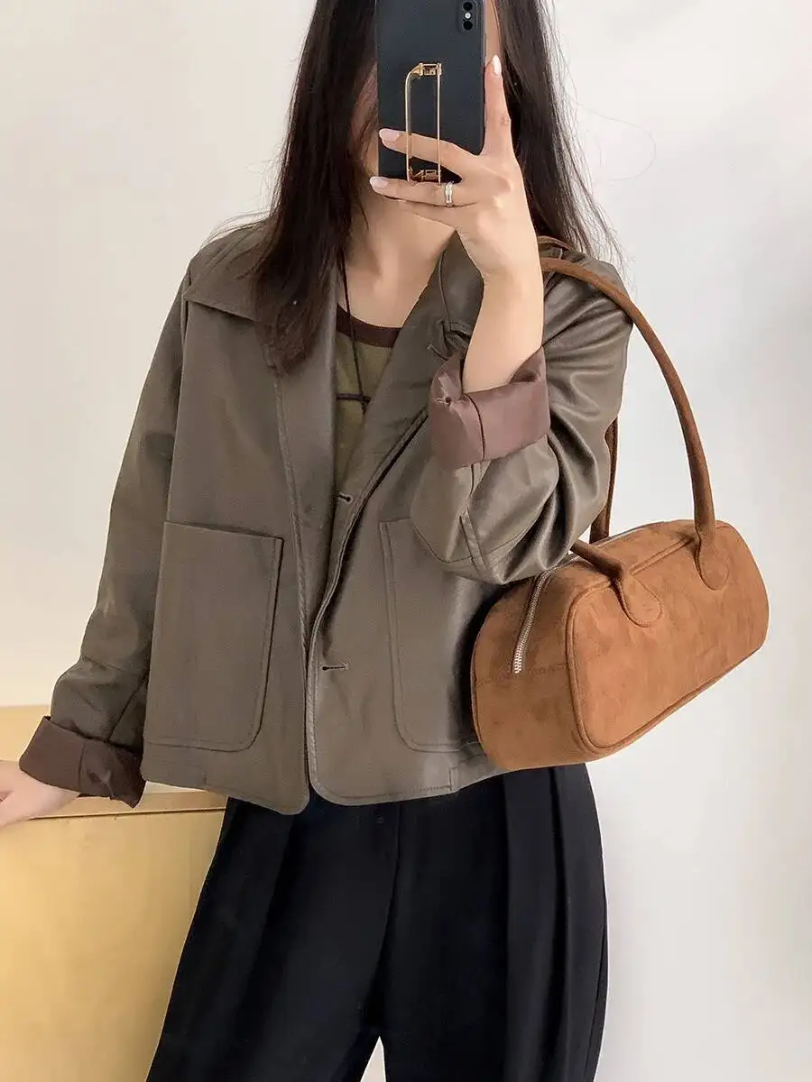 Bloom Vintage Blue Shoulder Bags Women High Street Suede Surface Chic Casual Handbag Purse Female Retro Underarm Bag Aesthetic