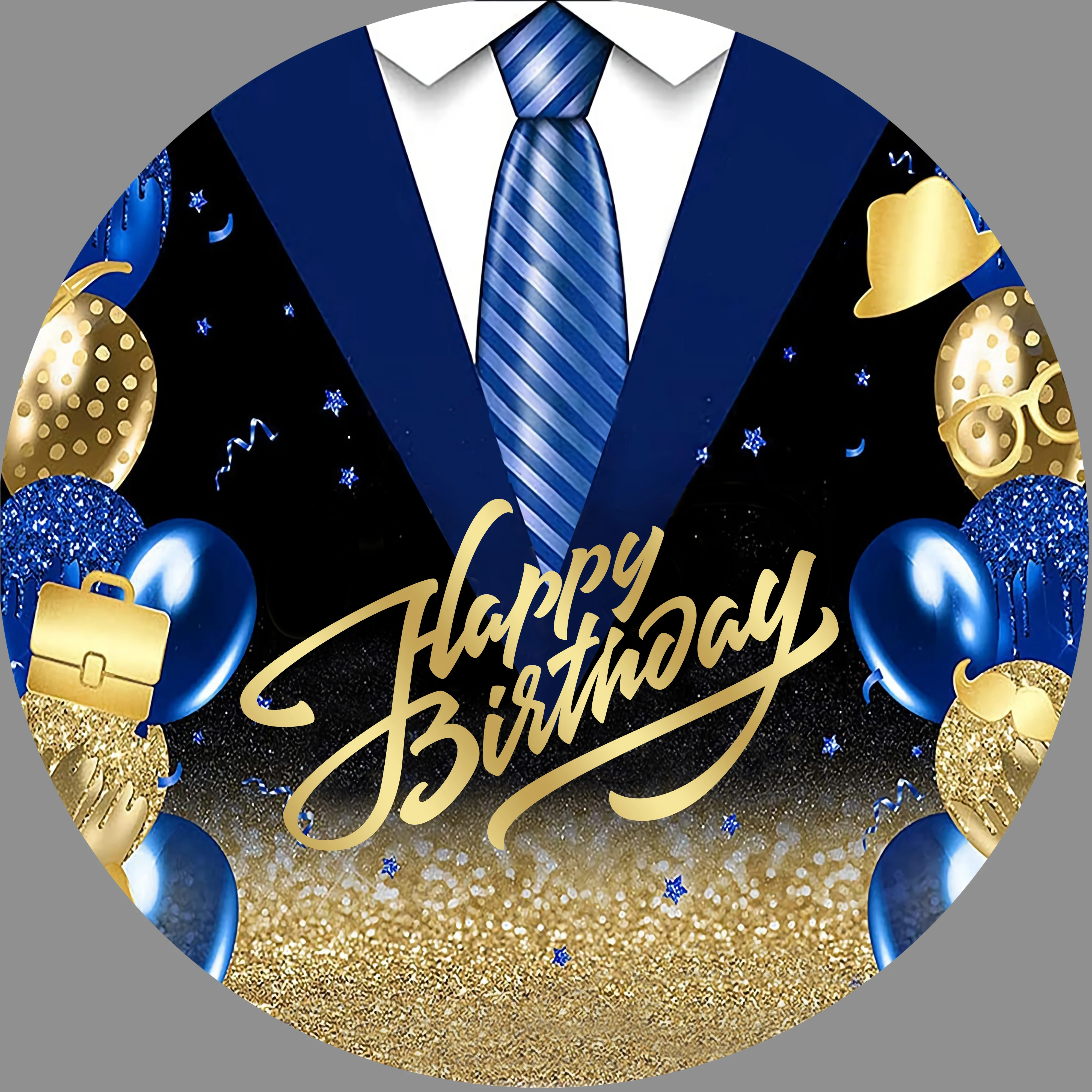 Blue Suit Gold Bokeh Round Backdrop Cover Adult Man Woman Happy Birthday Party Circle Photography Background