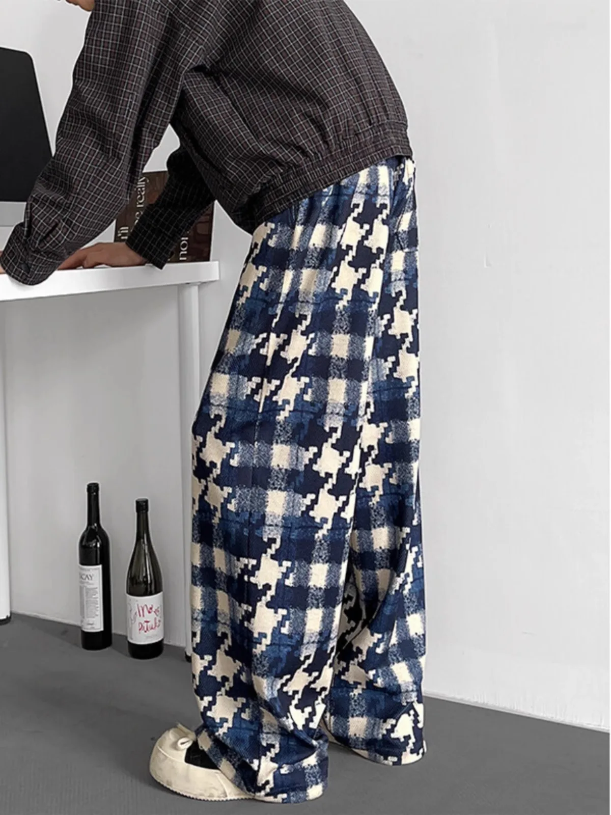 

Синие с белым клетчатые шерстяные мужские повседневные брюки прямого кроя, широкие, весна-осень, в американском стиле, свободные, прямые...