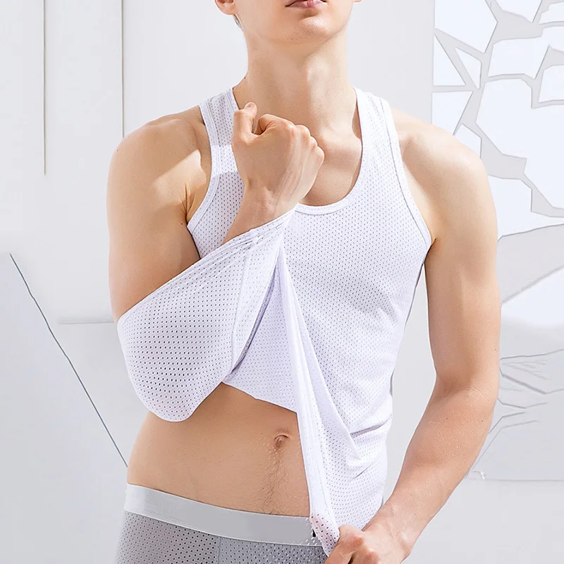 Summer Gym Fitness Men Tops Ice Silk Vest Quick-Drying Sleeveless T Shirts Mesh Hole Sport Casual Breathable Thin Vest Solid