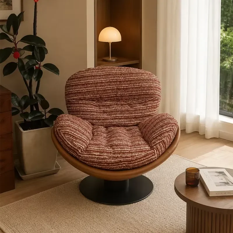 Mid-Century Reddish-Brown Striped Swivel Accent Chair Curved Enveloping Leisure Lounge Chair for Living Room & Bedroom