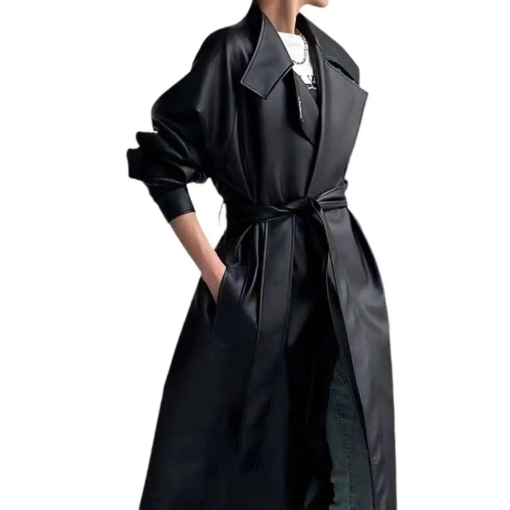 

Women's Retro Hong Kong Style Leather Coat Long Sleeve Trench Korean Fashion Spring Autumn New Arrival