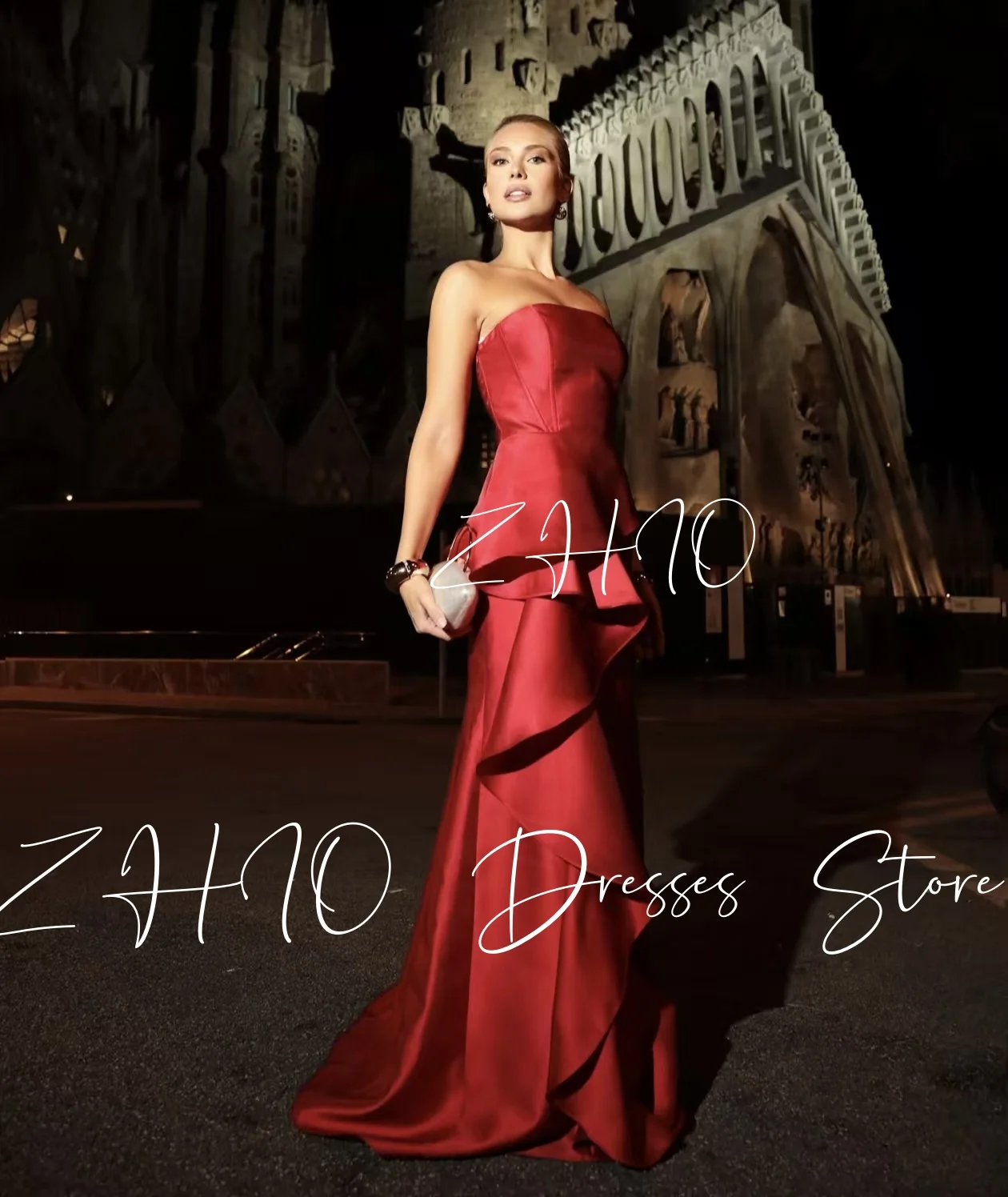 ZHIO เดรสสีแดงเข้มหรูหรางานแต่งงานชุดเดรสเกาะอกเดรปเอ-ไลน์ความยาวพื้นผ้าแพรแข็งชุดราตรีอย่างเป็นทางการที่กำหนดเอง