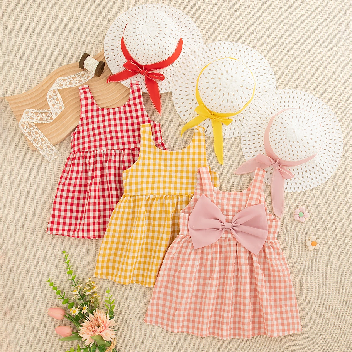 

(0-3 Year Old Baby Girl Dress) Summer New Sweet Bow Small Checkered Children'S Sleeveless Clothes, Free Hat Included
