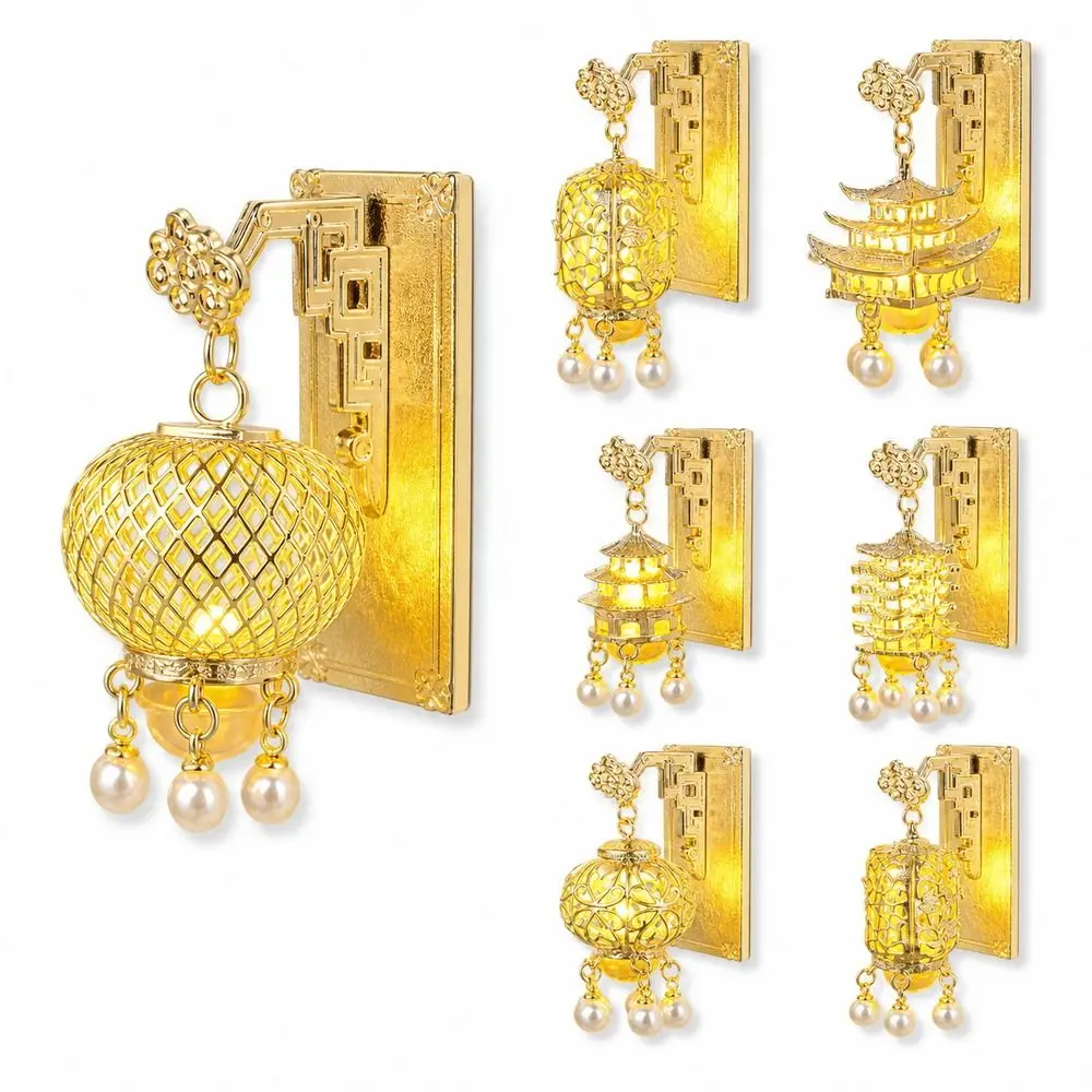 Light Up Lantern Fridge Magnet New Chinese Style Palace Style Pavilion Fridge Magnet Pearl Embellishment Tassel Pendant