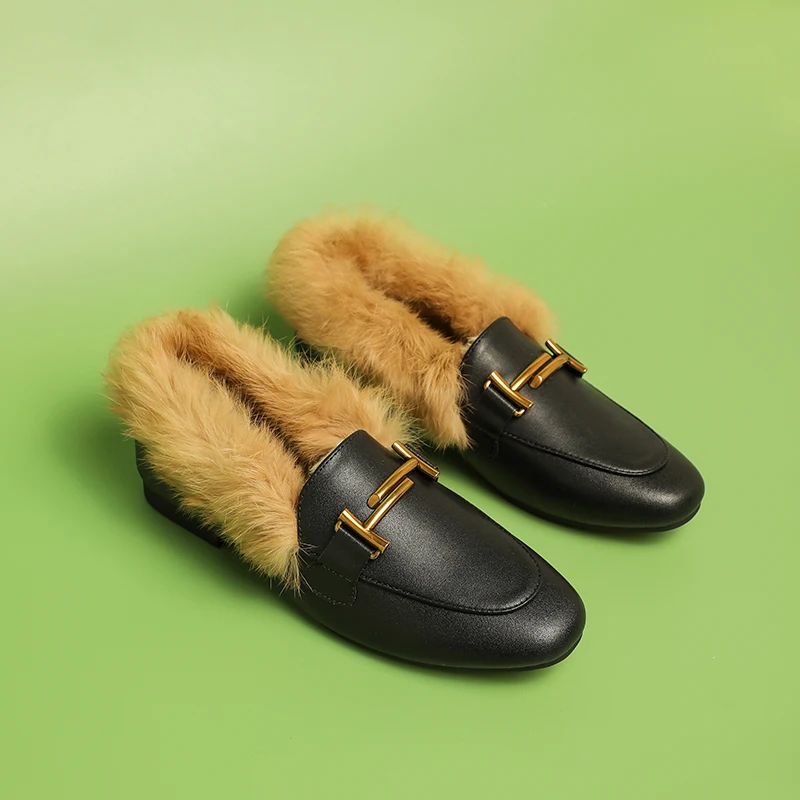 

Fashion Fur Round Head Flats Metal Buckle Women Casual Shoes Winter Warm Soft Sole Dress Shoes