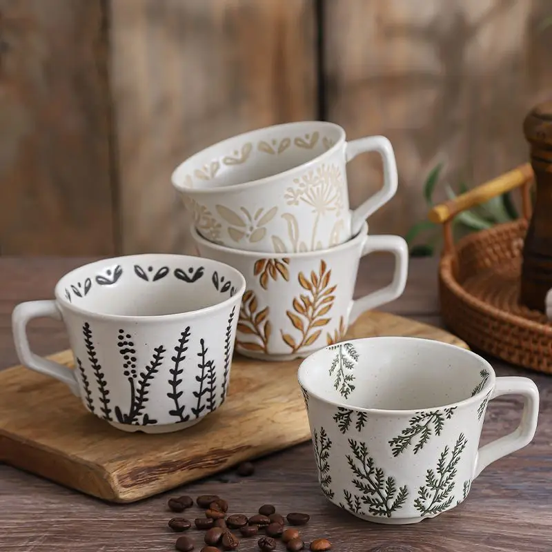 350ML Ceramic Coffee Mug Large Porcelain Tea Mug Leaf Pattern Ceramic Mug Breakfast Milk Juice Cup Home Office Water Cup