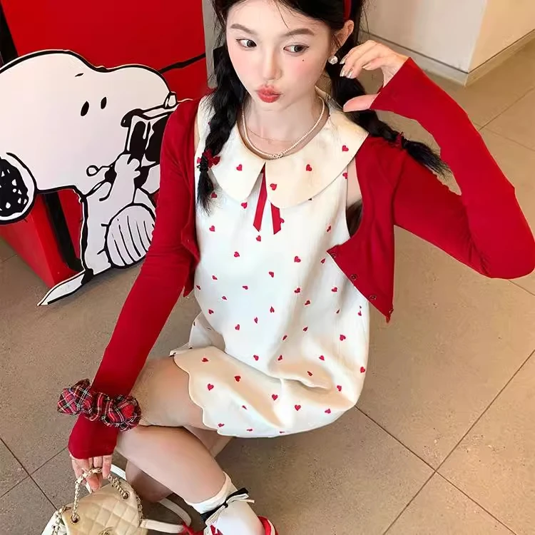 

Sweet Knitted Long Sve Open Cardigan Two-Piece Set Trendy School Sle Polka Dot Svel Midi Dr Women's Faion