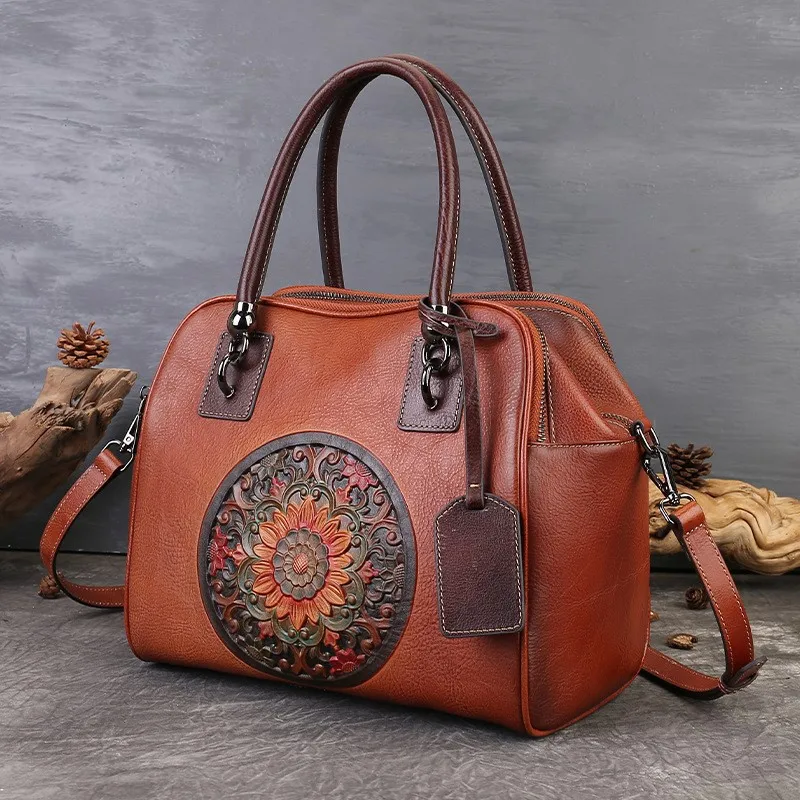 Johnature 2026 New Retro Embossed Totem Women's Bag Genuine Leather Commuter Handbag Large Capacity Shoulder Crossbody Bag