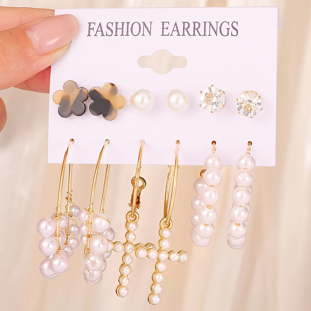 6 pairs delicate alloy earrings with imitation pearl design, retro elegant style, suitable gifts for women