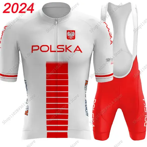 Polska 남성용 사이클링 저지 세트, 폴란드 반팔, 빨간색 의류, 로드 바이크 세트, 자전거 셔츠, 턱받이 반바지, 2024