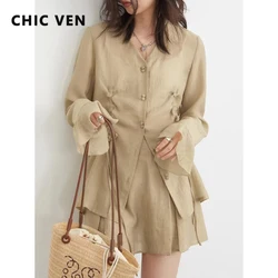 CHIC VEN Women's Skirt Set Textured Lyocell Long Sleeve Thin Drawstring Female Shirt Short Ladies Skirts Set Summer 2023