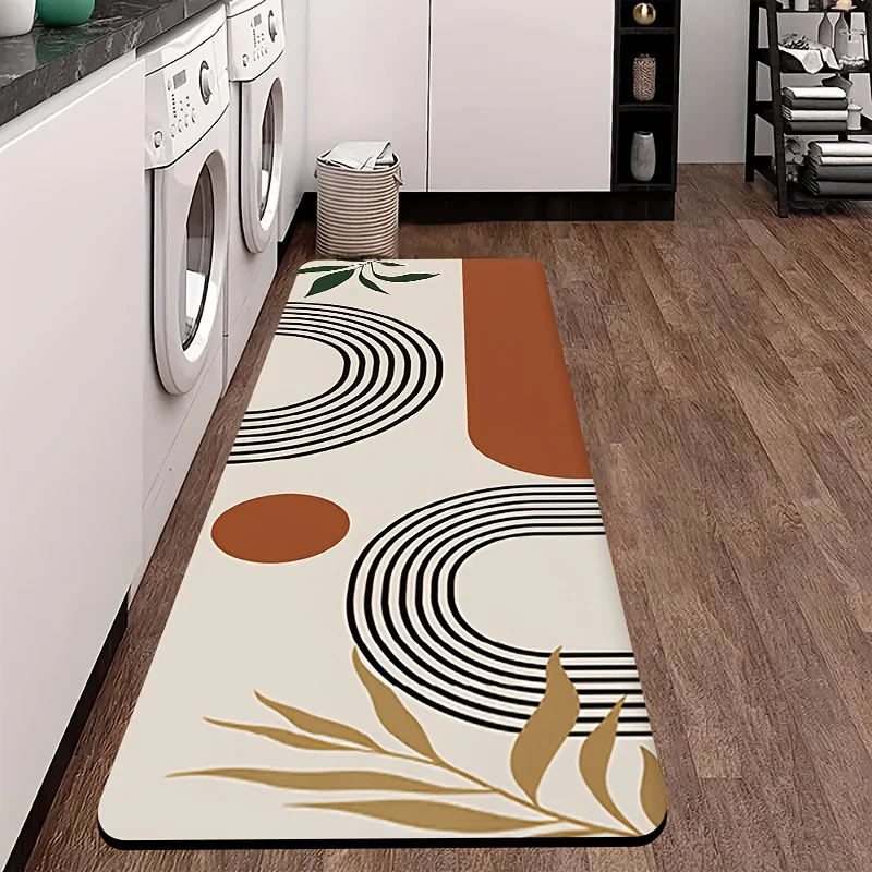 Mid-Century Modern Geometric Kitchen Bath Mat, Non-Slip Soft Absorbent Long Floor Rug with Terracotta Arc & Leaf Print for