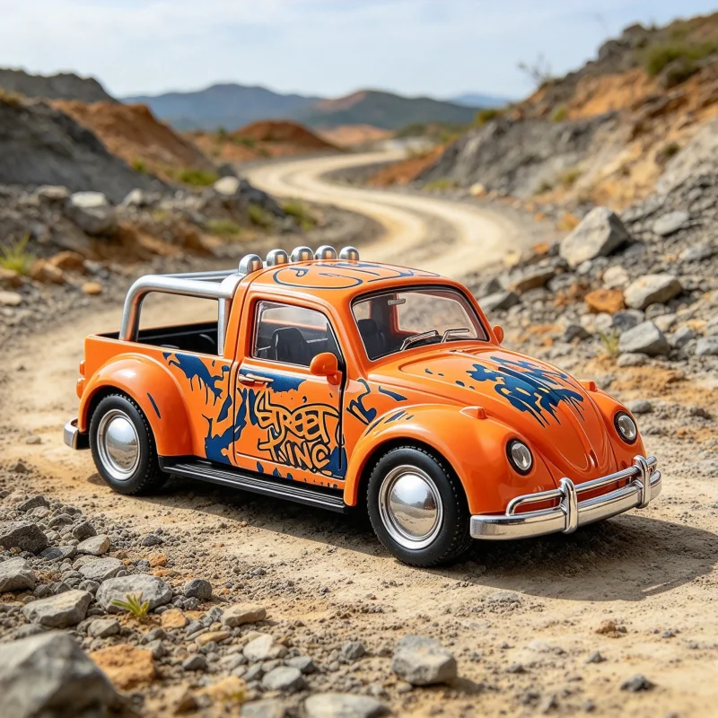 Retro graffiti alloy car model, metal-cast pull-back vehicle with openable doors.