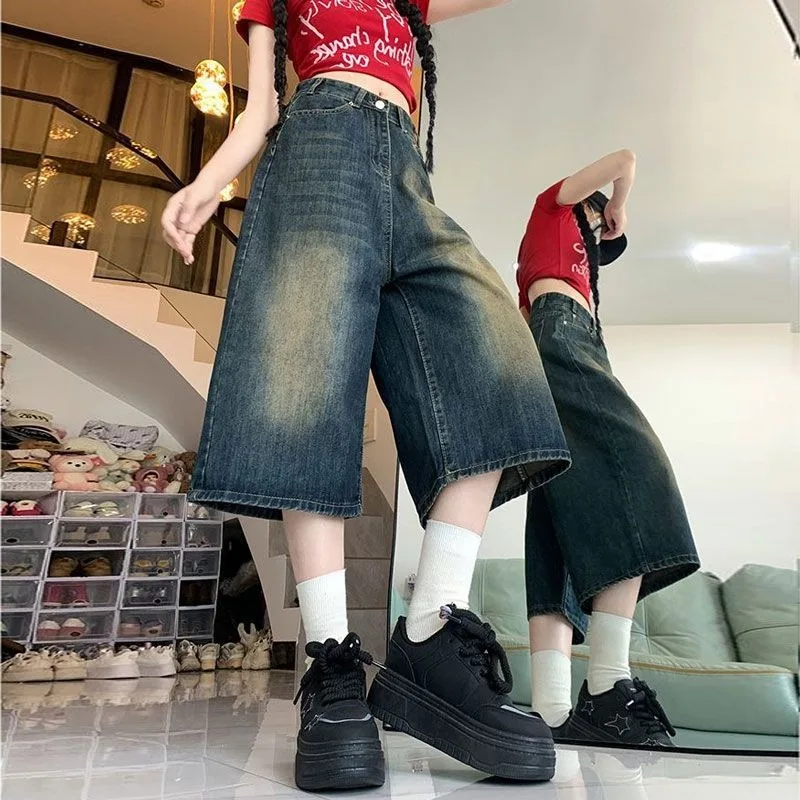 Damskie szerokie krótkie jeansy retro w kolorze niebieskim, luźne szorty Y2k, casualowe vintage streetwear Harajuku, koreański styl, podstawowe letnie szorty jeansowe 2025