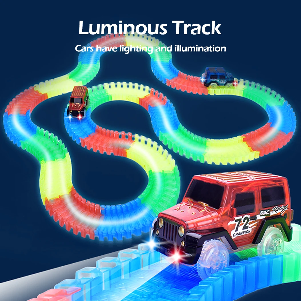 Diy pista luminosa montar dublê carro variedade universal conjunto de corrida pista carro flexível modelo quebra-cabeça brinquedo para crianças