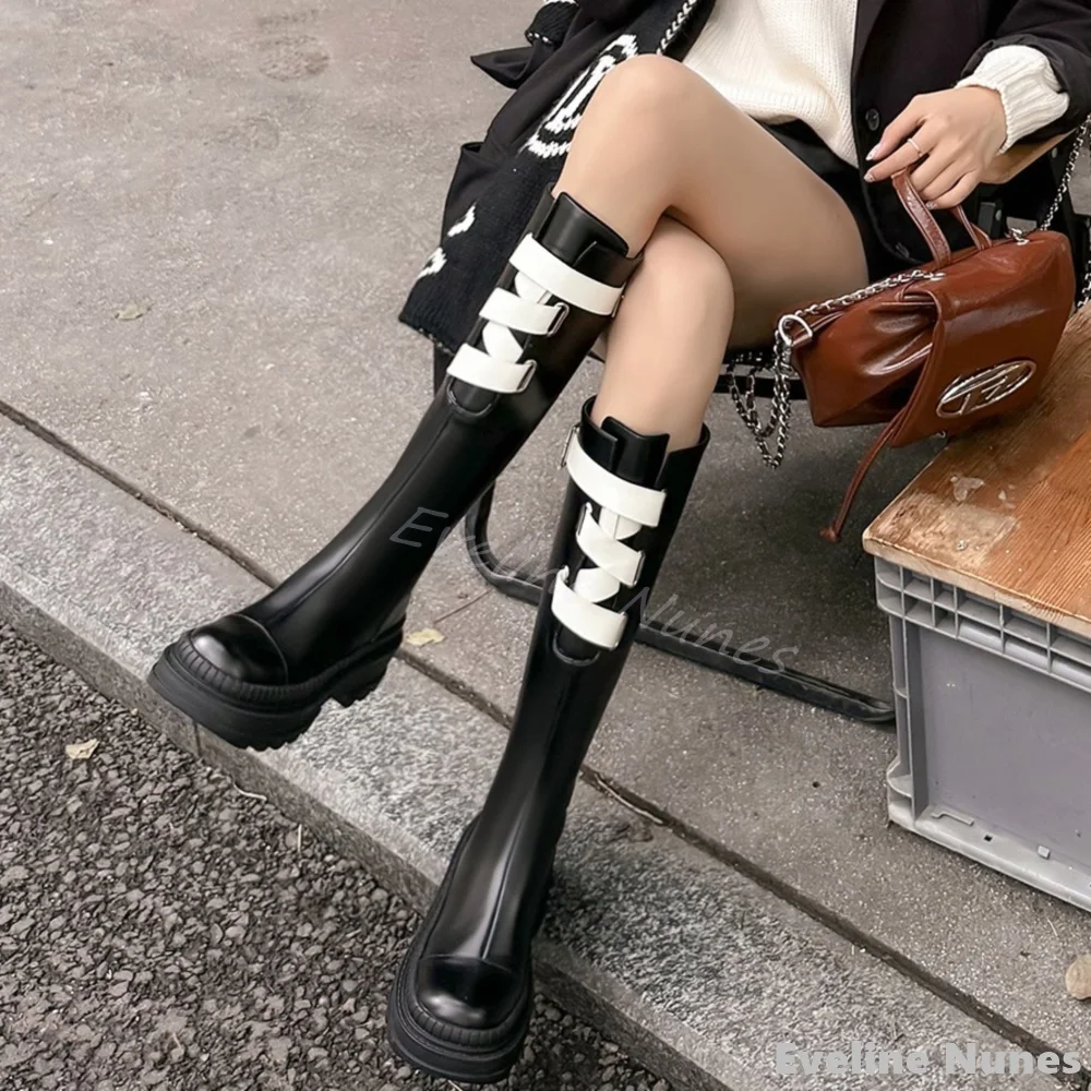 

Wide Cross Strap Thick-sole Knee High Boots Women British Style Round Toe Mixed Colors Back Zipper Thick Heel Knight Boots New