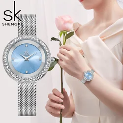 SHENGKE Top Luxury Brand Woman Watches Diamond Blue Sky Women's Quartz Wristwatches Original Design Mesh Strap Ladies Clock