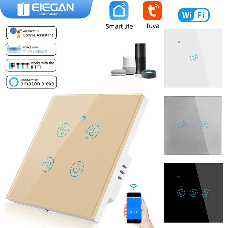 

ELEGAN EU Standard Tuya Wifi Smart Touch Switch Luxury Glass Panel Toggle Button App Control Voice Alexa Google Home 1/2/3/4Gang