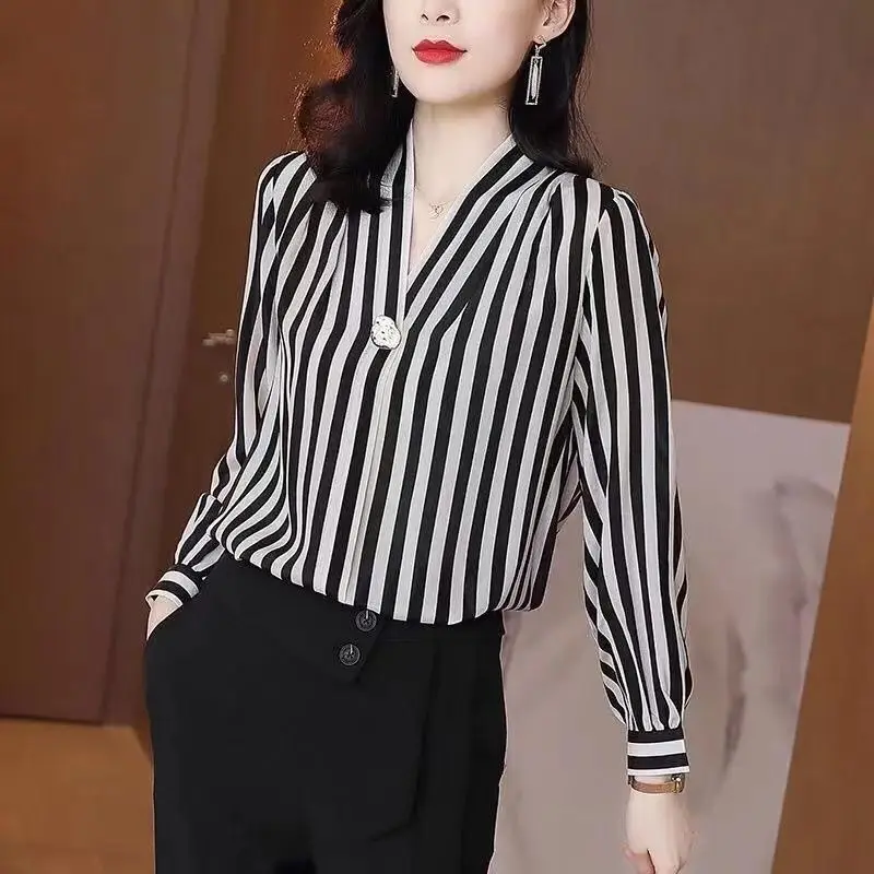 Striped Print Elegant Chic Commute Top Blouse Women Spring Autumn Fashion V Neck Long Sleeve Loose Shirts Blusas Mujer Clothing