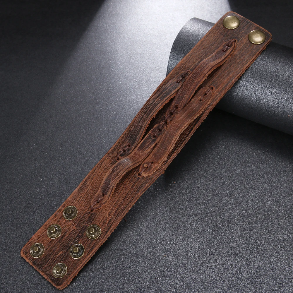 Genuine Leather Bracelet Punk Rock Roll Unisex Women Personalized Customized Wide Wrist Belt Wrap Mens Cuff Wristband Bangle