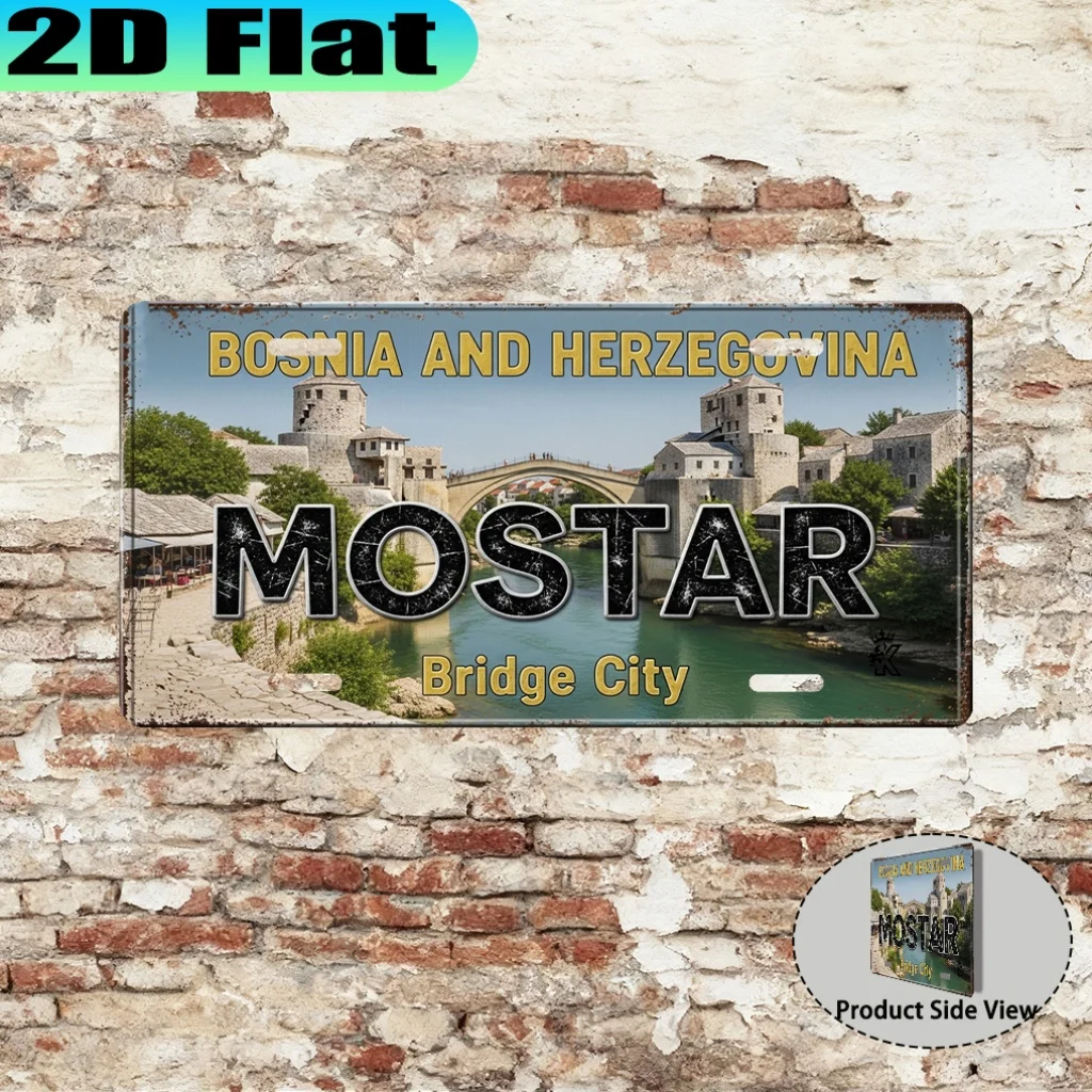 2D Flat Plat Vintage Mostar Bridge Aluminum License Plate, Urban Vintage Style, Wall Decoration For Living Room,Office