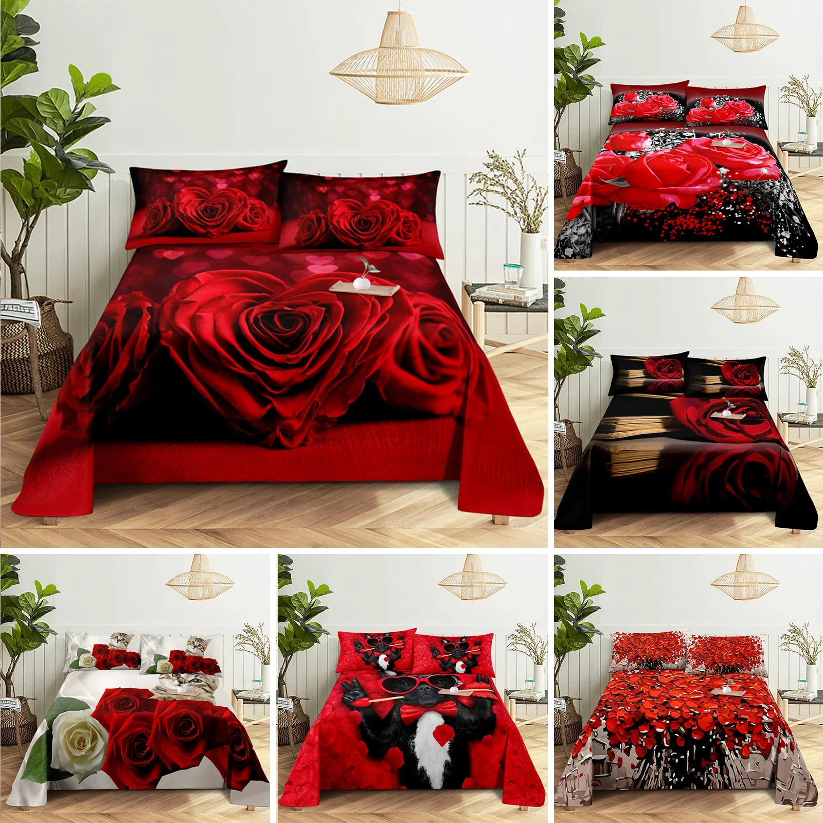 

Red Rose Floral Bedding Set King Queen Microfiber Flower Print Duvet Cover For Girl Teen Romantic Valentine's Day Bedroom Decor